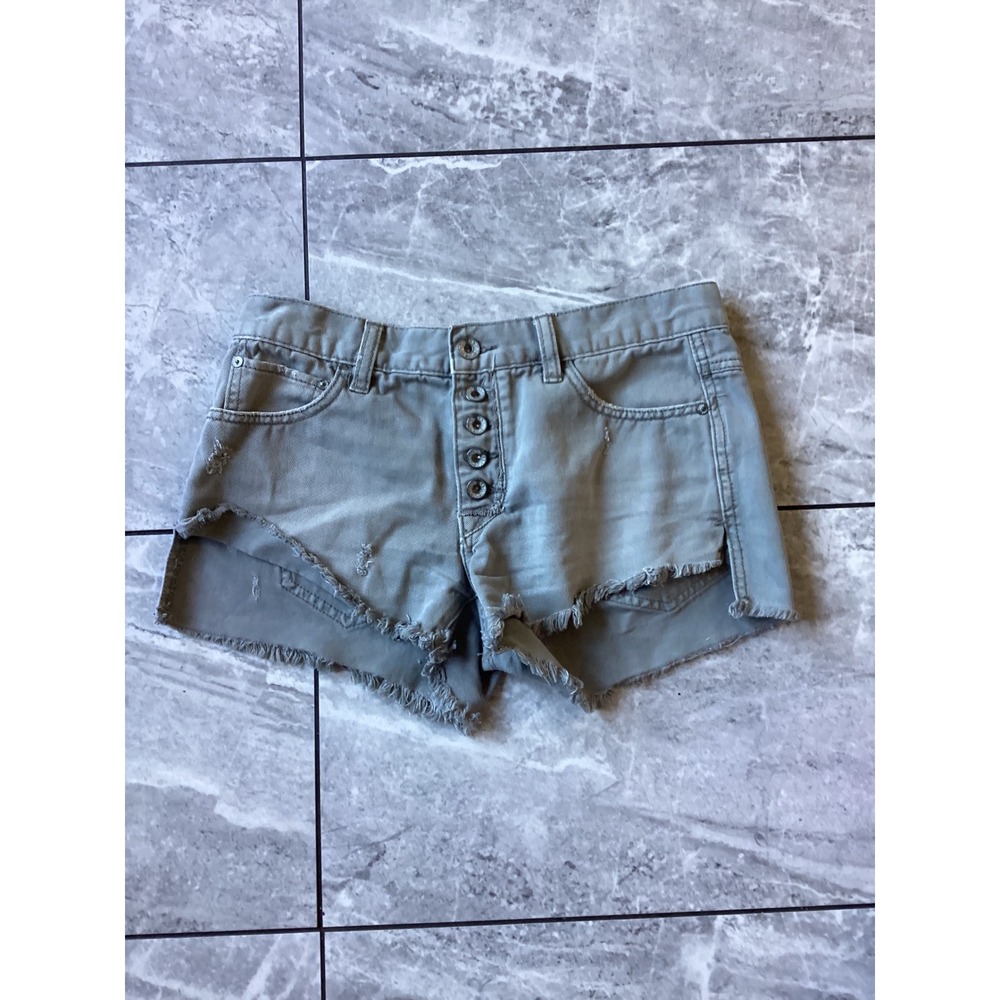 Free People Olive Green Distressed Button Fly Denim Shorts Size 25 Frayed Hem